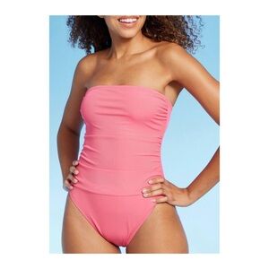 Shade & Shore Shirred Ribbed Bandeau Cheeky One Piece Swimsuit NWT size Large